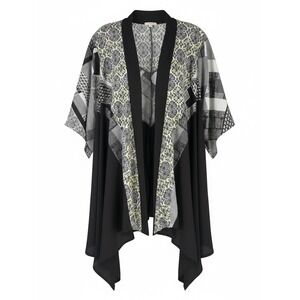 DEPT222 Womens 1X Kimono Wrap Mixed Print Black White Yellow S154527PL